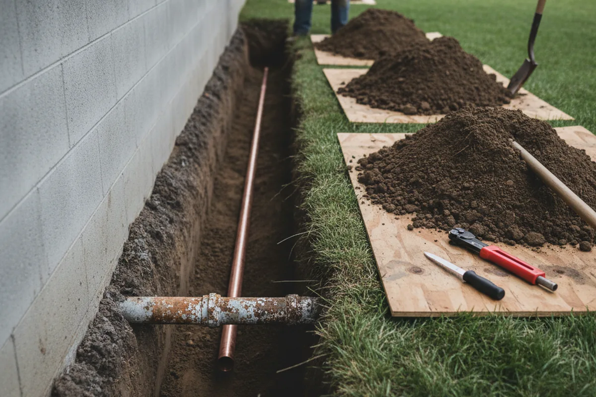 Excavated water line trench during Sewer Line Repair in Deweyville